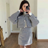 Conjunto a juego de chaqueta acolchada corta con estampado de pata de gallo y minifalda ajustada - Negro